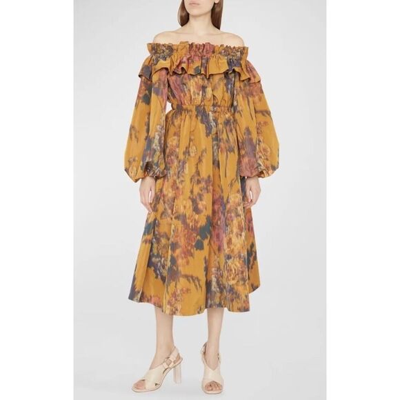 NWT $1490 Ulla Johnson Adeline Off Shoulder Midi Dress Floral Size 2 - Picture 4 of 12